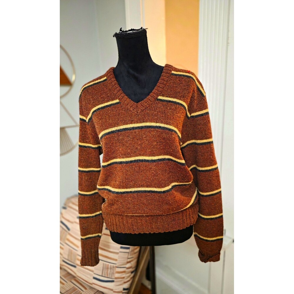 Panache Vintage Women’s Brown Striped Knit Wool V-Neck Ribbed Sweater L